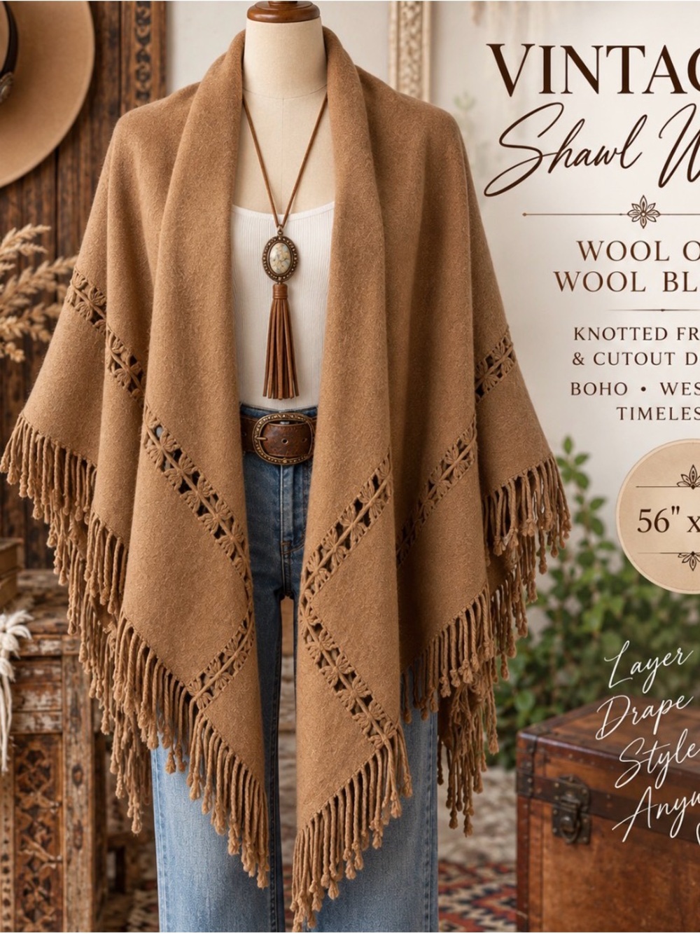 Vintage - Western Style - Fringed Wool Shawl Wrap in Camel Tan color/ 56” x 56”